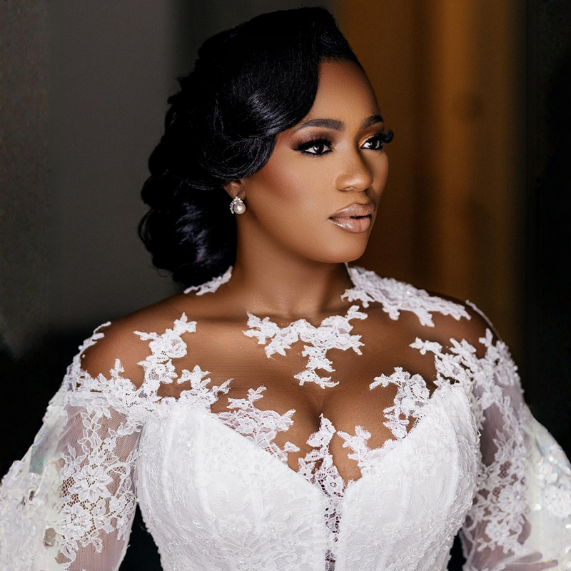 R&W Plus Size Modest Mermaid Wedding Dresses Long Sleeves Lace Bridal Dress With Detachable Train Elegant Gowns for Bride African Black Women Country 