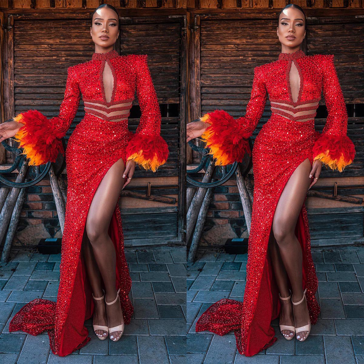 Glitter Sequin Long Prom Dresses Side Split High Neck Feathers Saudi Arabic Women Mermaid Evening Gowns Robe De