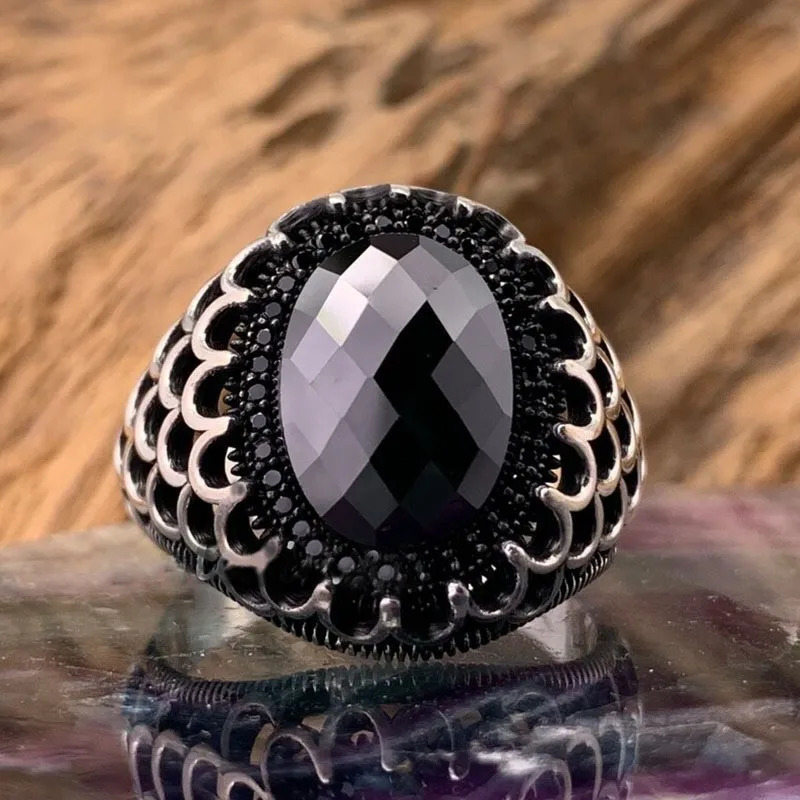 Wedding Rings Retro Handmade Turkish Ring for Men Vintage Double Swords Black Zircon Punk Trendy Islamic Religious Muslim Jewelry 231205