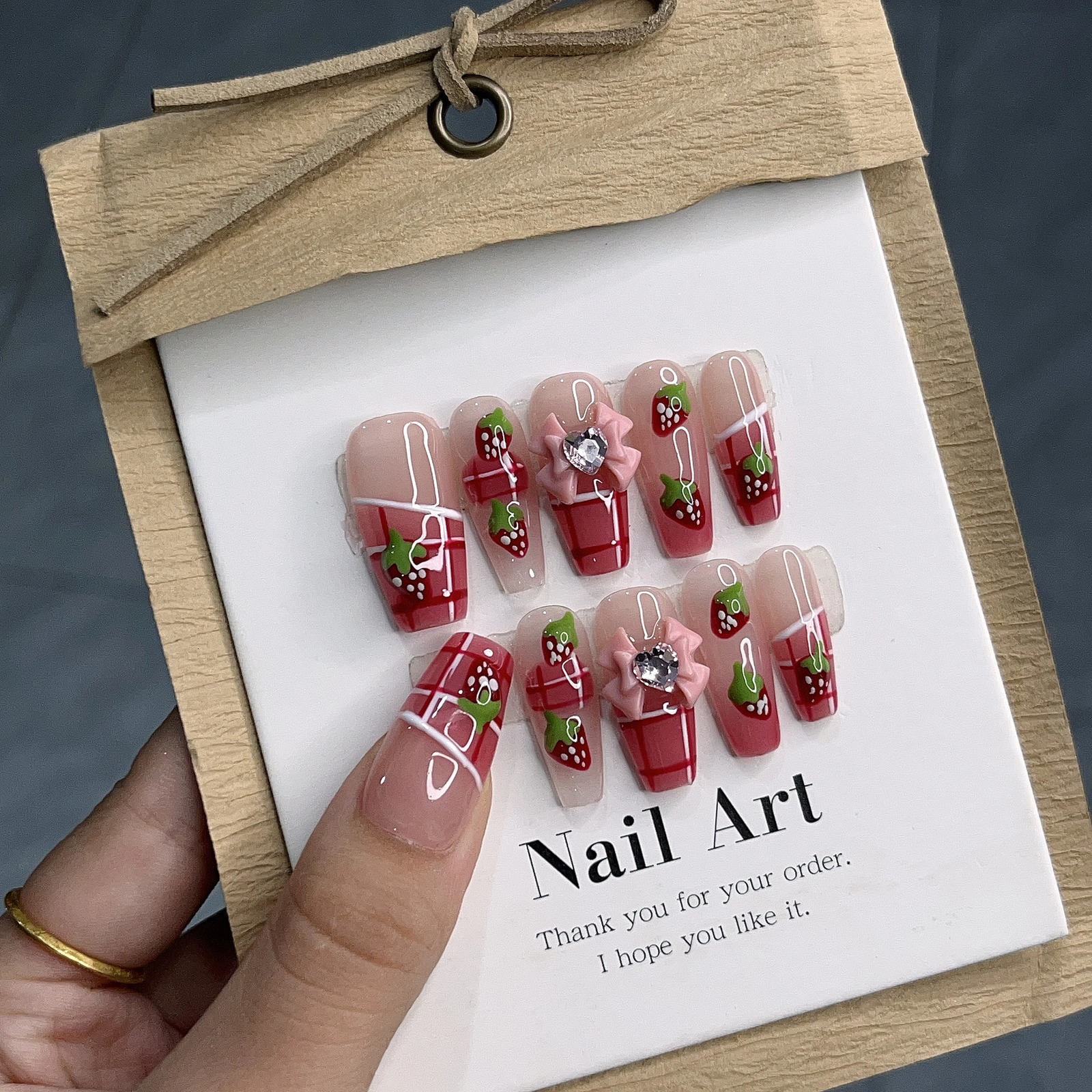False Nails Handmade Press On with Medium Length Blush Strawberry Fresh Bowknot for Lovely Style In Emmabeauty StoreNoEM240 231204