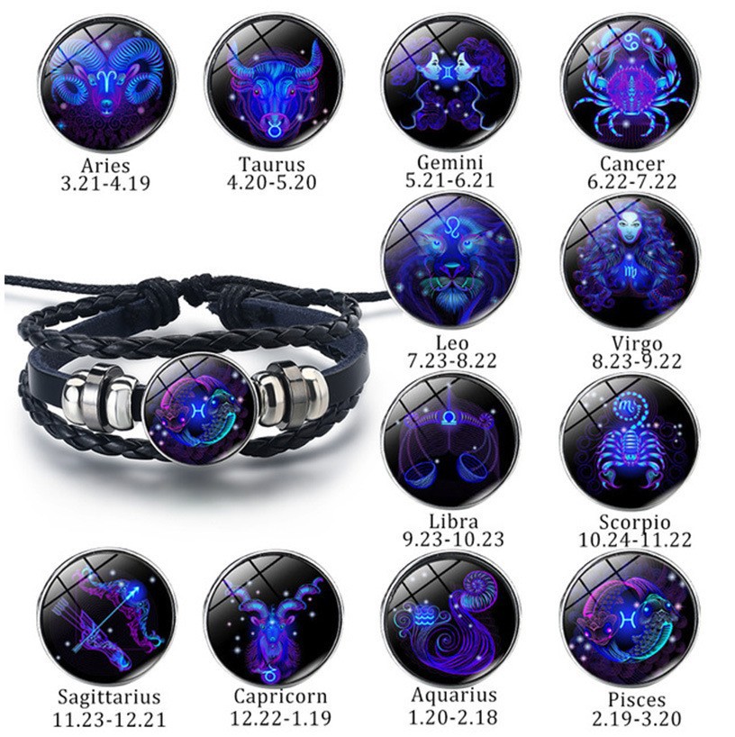 12 Zodiac Constellation Luminous Charm Bracelet for Men Women Leather Braided Rope Bracelet Bangle Wristband Adjustable Horoscope Hand Chain Wholesale