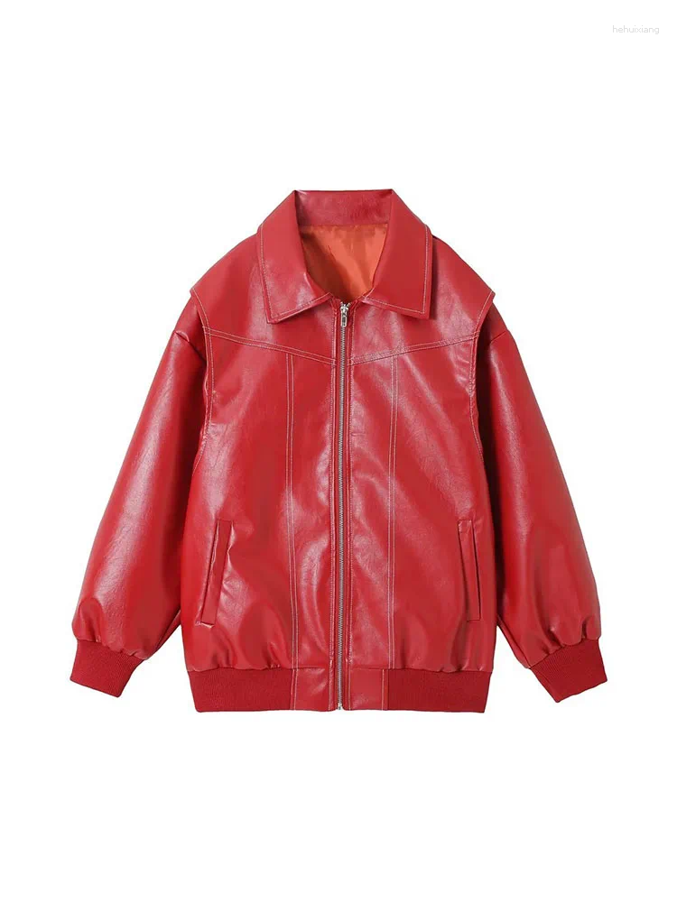 Women's PU Leather Jacket Autumn Spring Casual Loose Motorcycle Biker Outwear Red