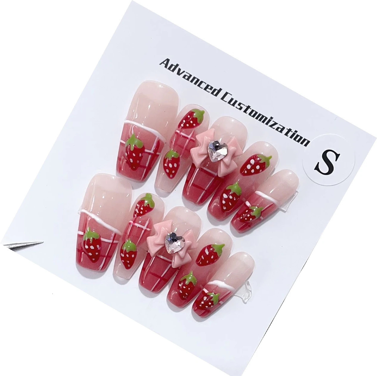 False Nails Handmade Press On with Medium Length Blush Strawberry Fresh Bowknot for Lovely Style In Emmabeauty StoreNoEM240 231204