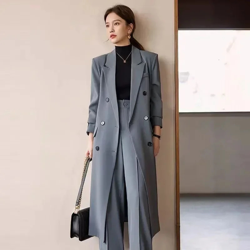 Women's Trench Coats Autumn Fashion Women Suit Long Coats Harajuku Double Breasted Solid Long Windbreaker Elegant Office Lady Solid All Match Jac