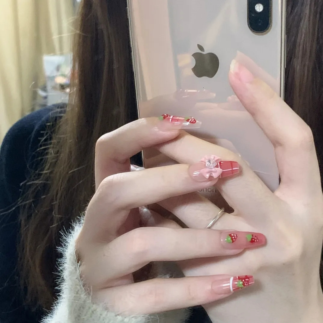 False Nails Handmade Press On with Medium Length Blush Strawberry Fresh Bowknot for Lovely Style In Emmabeauty StoreNoEM240 231204