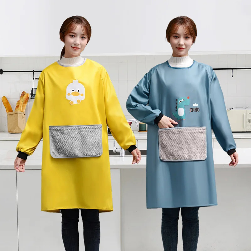 Aprons Korean Version Of Apron Wholesale Long Sleeve Home Kitchen Waterproof And Oil-proof Women's Cooking Pvc Cover Clothing 231204