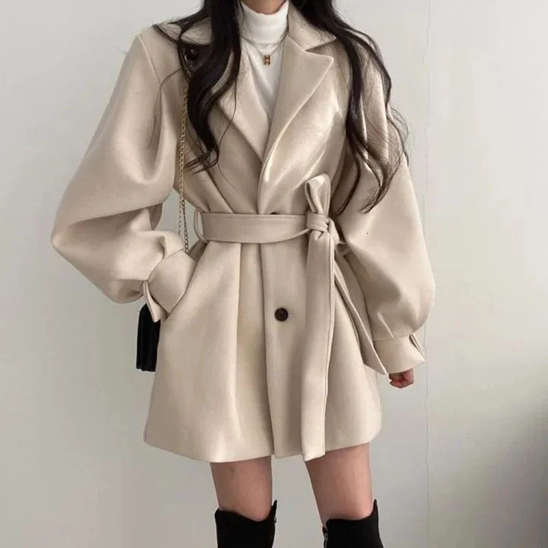 Womens Jackets Autumn Winter Women Laceup Trench Coat With Pockets Woolen Turndown Collar Buttons For Long Sleeve Overcoat 231204