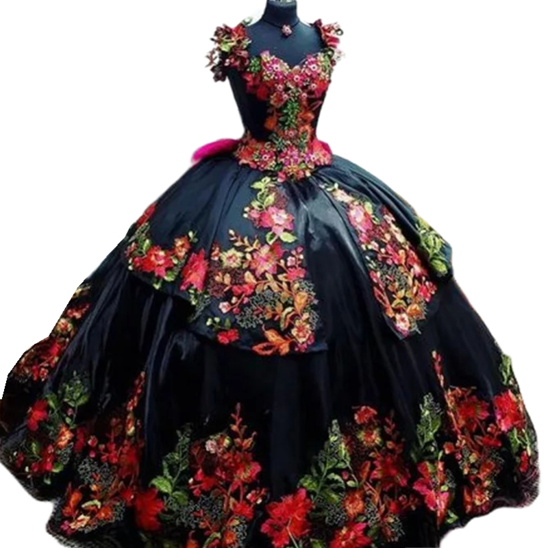 Mexican Black Quinceanera Dresses Floral Lace Applique Off the Shoulder Corset Sweet 16 Dress Charro Colorful Princess Prom Special Occasion Dress Fuc