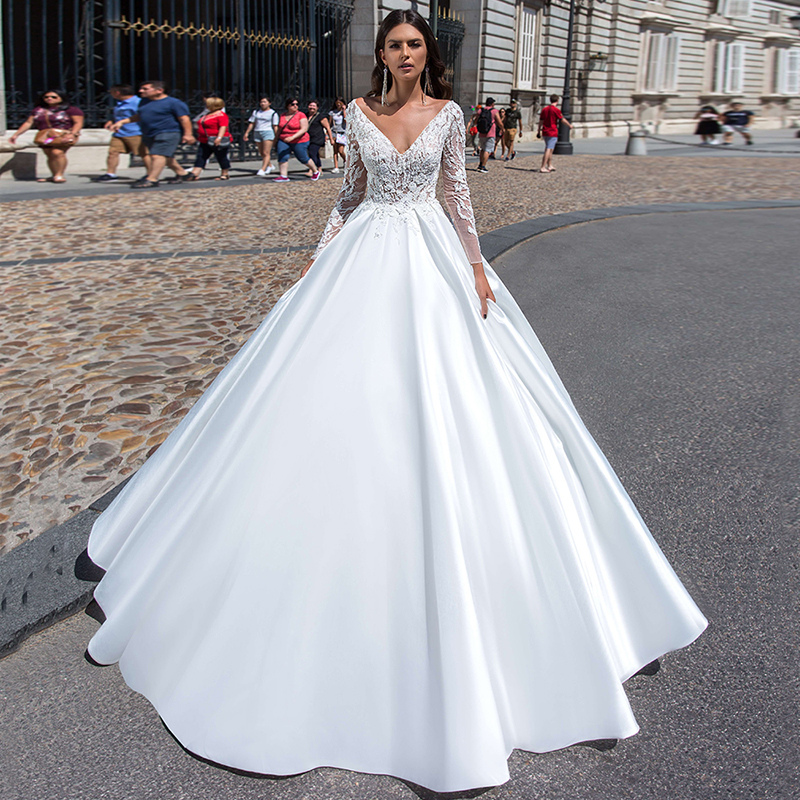 Satin Long Sleeve Wedding Dresses For Women 2023 Bride Deep V-Neck Stylish Detachable Lace Simple Applique Backless A-Line
