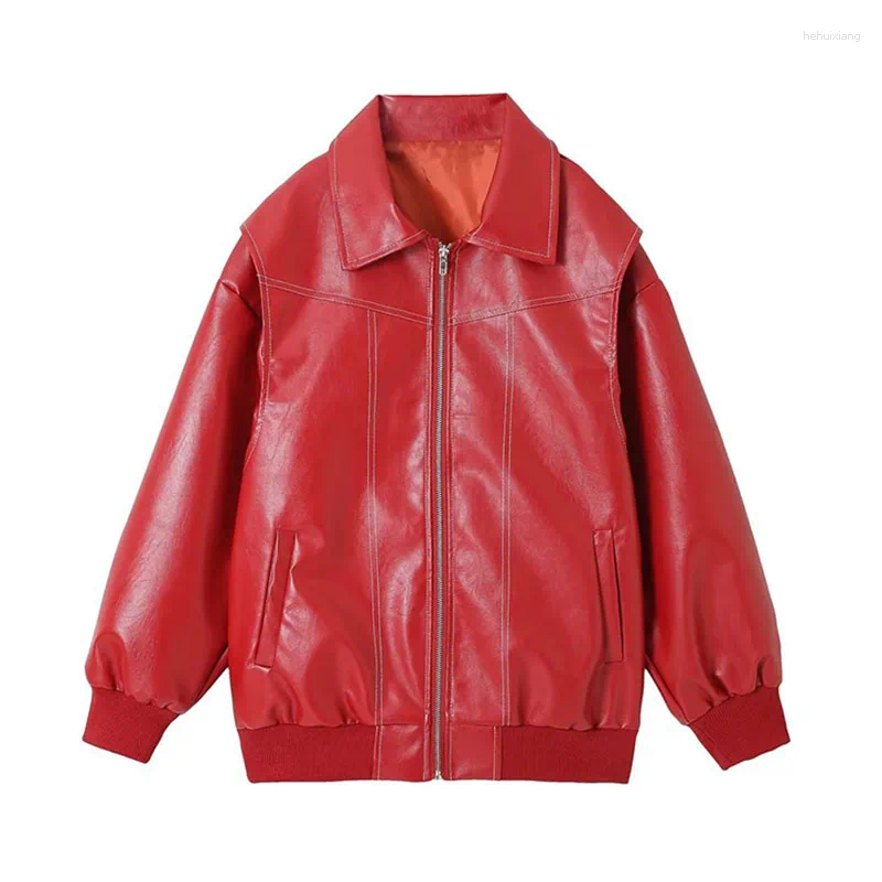 Women's PU Leather Jacket Autumn Spring Casual Loose Motorcycle Biker Outwear Red
