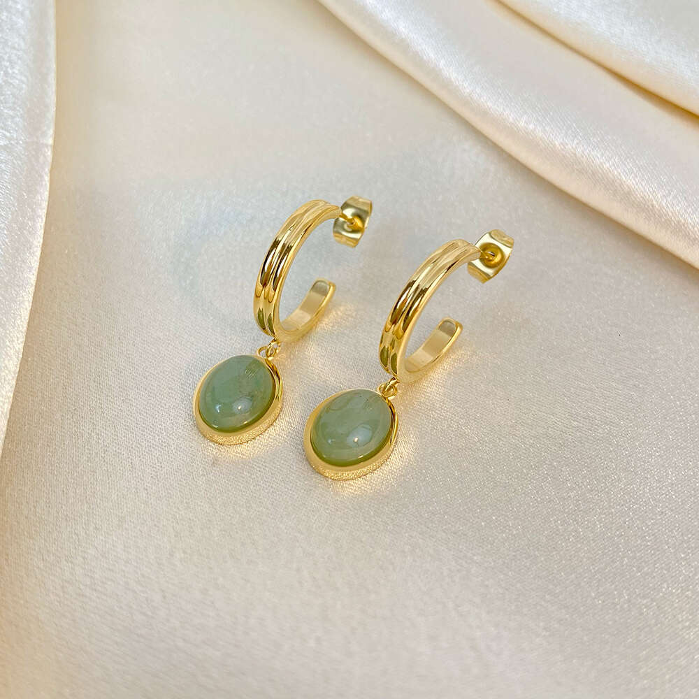 Green Aventurine Jade Round Pendant Figaro Chain Stainless Steel Necklace Earrings Set Vintage Gold Plated Jewelry for Women