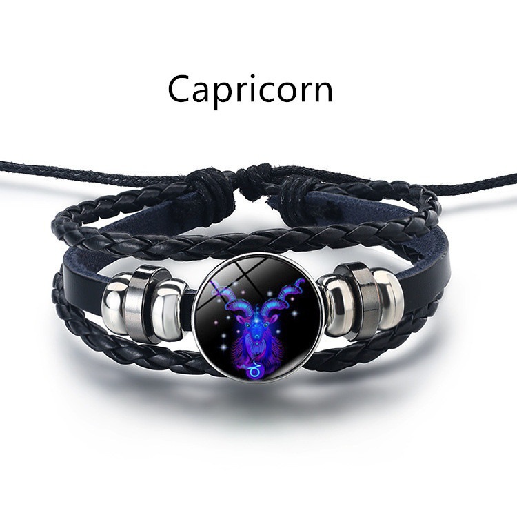 12 Zodiac Constellation Luminous Charm Bracelet for Men Women Leather Braided Rope Bracelet Bangle Wristband Adjustable Horoscope Hand Chain Wholesale