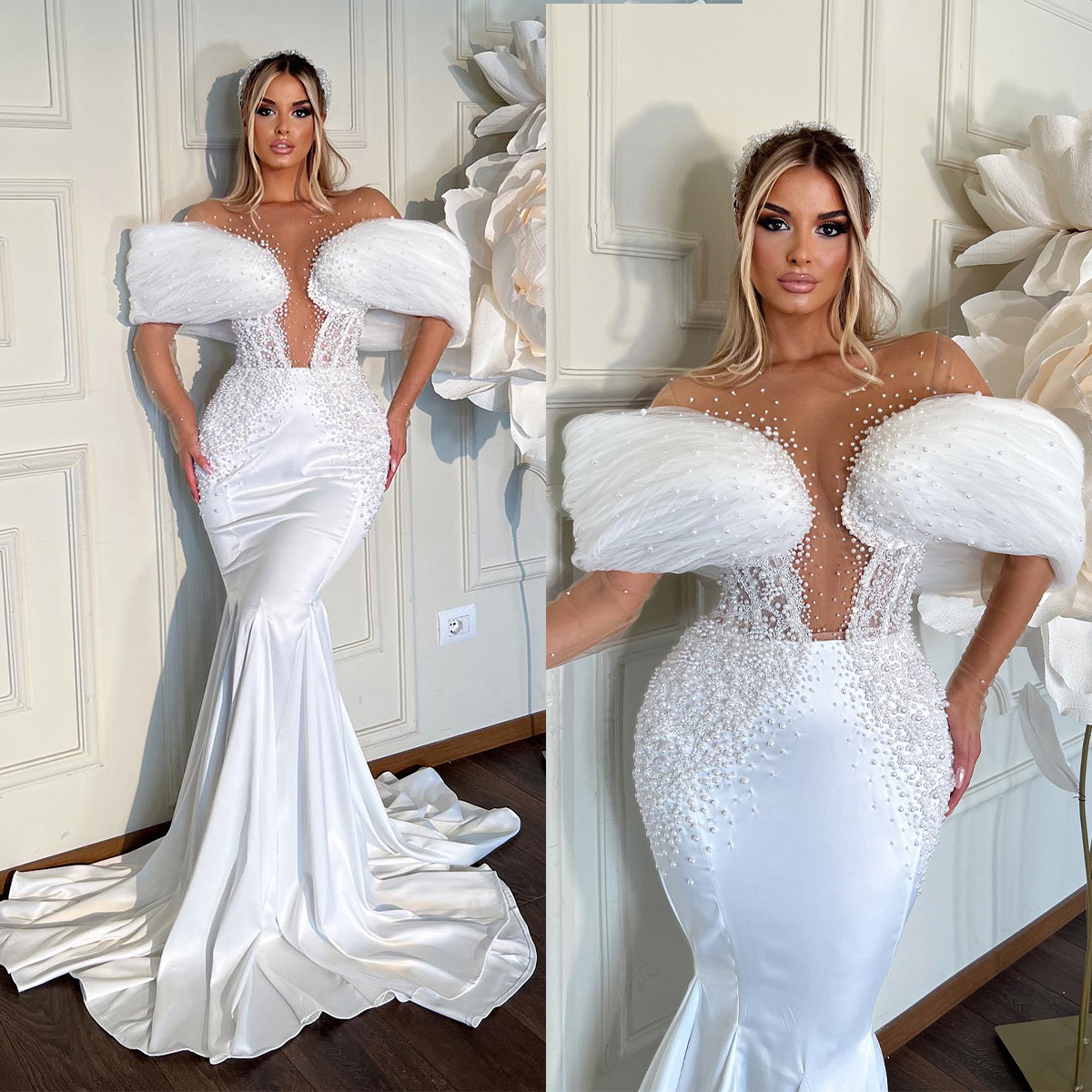Off Shoulder Mermaid Wedding Dresses Luxury Pearls Beads Dress For Bride Sexy Illusion Sweep Train Bridal Gowns