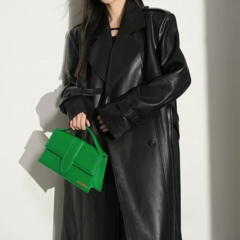 Women's Trench Coats High Fashion Women Long Sleeve PU Trench Coats Long Overcoat Vintage Leather Windbreaker Outerwear Autumn Winter Belt Jacket