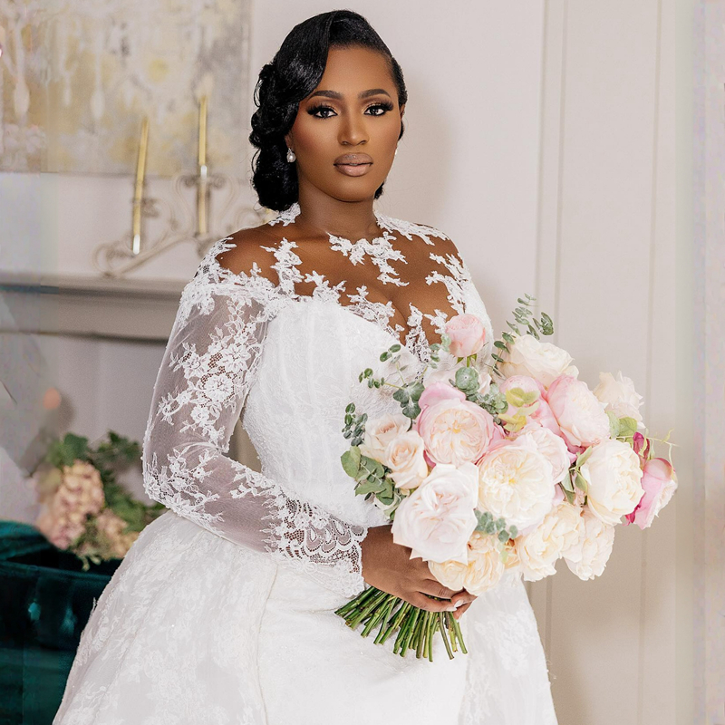 R&W Plus Size Modest Mermaid Wedding Dresses Long Sleeves Lace Bridal Dress With Detachable Train Elegant Gowns for Bride African Black Women Country 