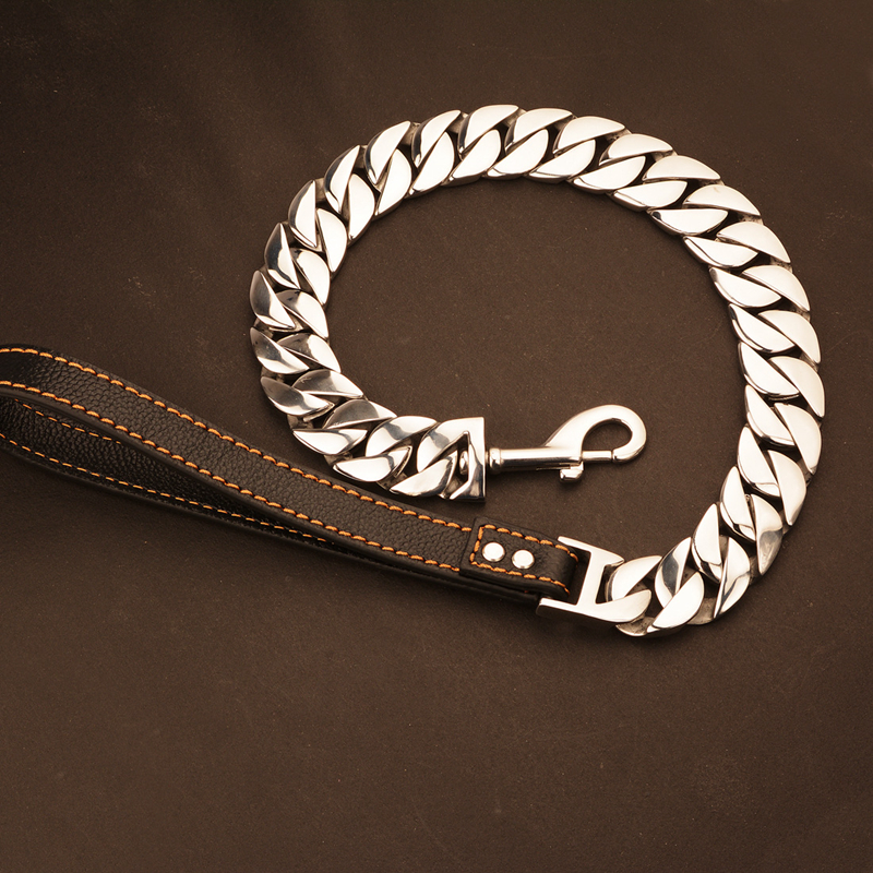 free shipping Dog Leashes Metal Chew Proof 14/19/32MM Heavy Duty Pet Leash Chain with Leather Padded Handle for Large Medium Small Dogs(Total Length o