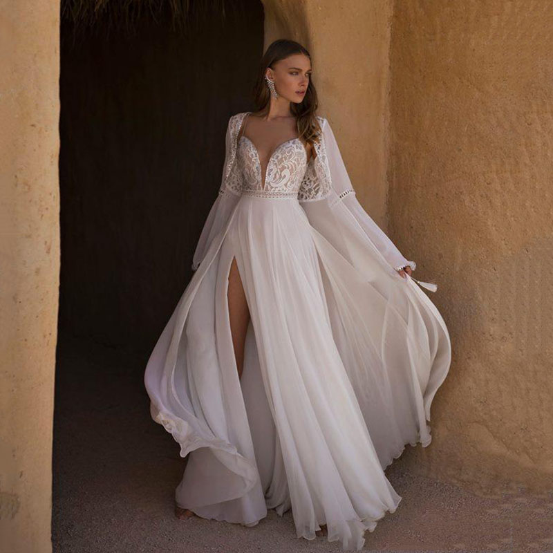 Spaghetti Mordern Deep V-Neck Wedding Gown For Bride Sleeveless Trendy Backless Chiffon Lace Capped Split Front Customised