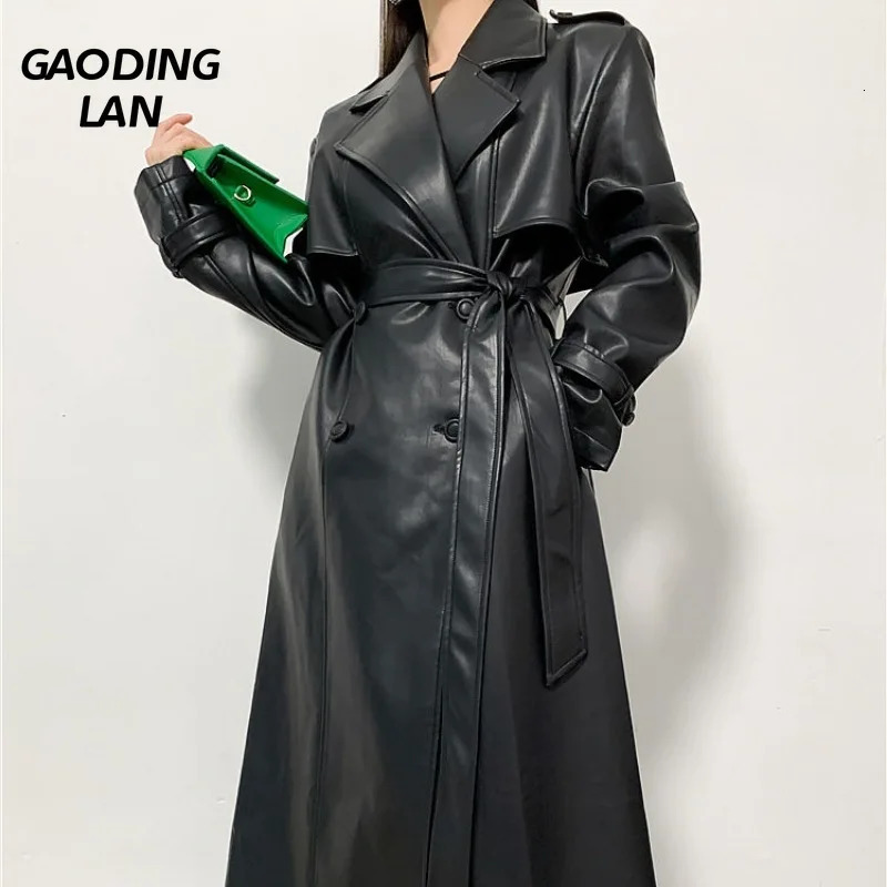 Women's Trench Coats High Fashion Women Long Sleeve PU Trench Coats Long Overcoat Vintage Leather Windbreaker Outerwear Autumn Winter Belt Jacket