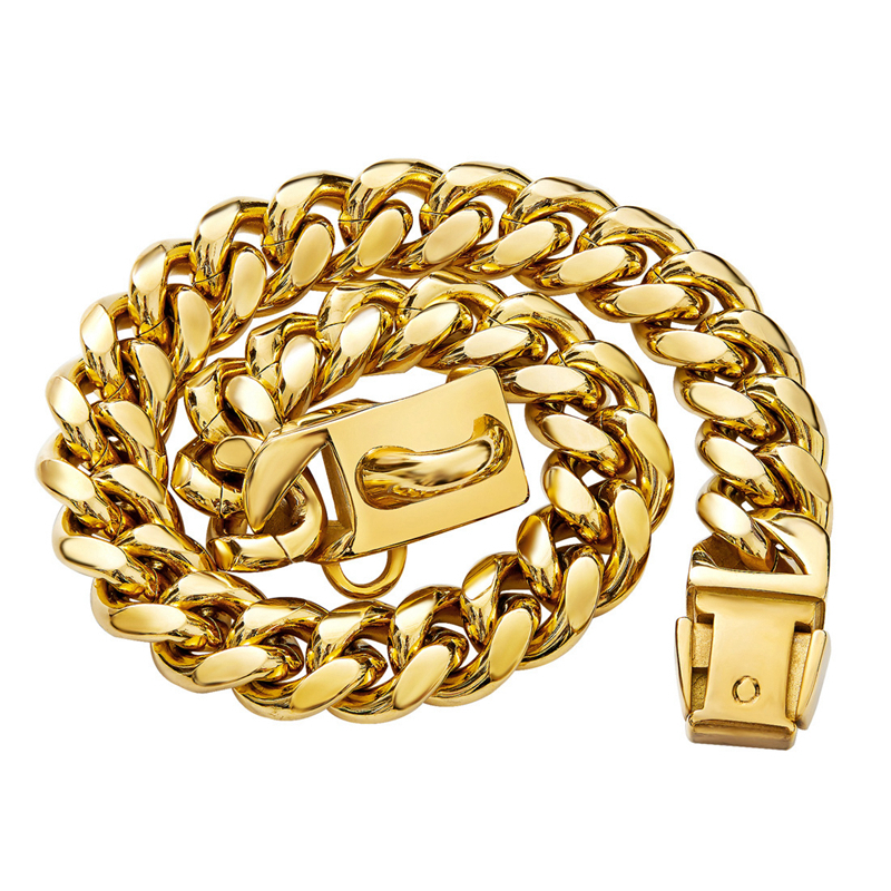 free shipping Gold Chain Collars 13mm/15mm/19mm Golds Cuban Link Dog Chains Heavy Duty Pet Collar with Metal Buckle for Small Medium-Large Dogs 14in B