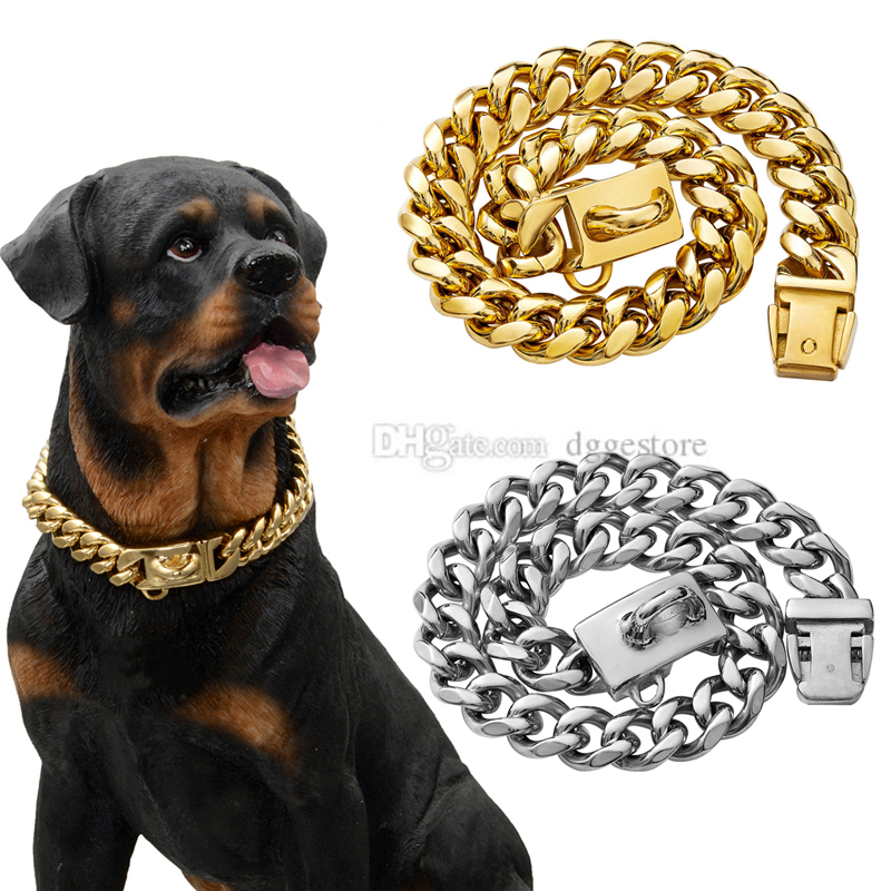 free shipping Gold Chain Collars 13mm/15mm/19mm Golds Cuban Link Dog Chains Heavy Duty Pet Collar with Metal Buckle for Small Medium-Large Dogs 14in B