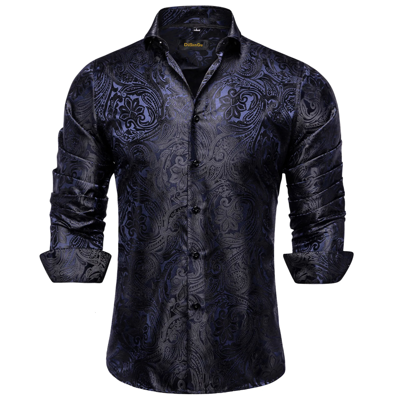 Men's Casual Shirts Blue Black Paisley Silk Shirts for Men Long Sleeve Wedding Party Prom Tuxedo Dress Shirt Casual Clothing 231205