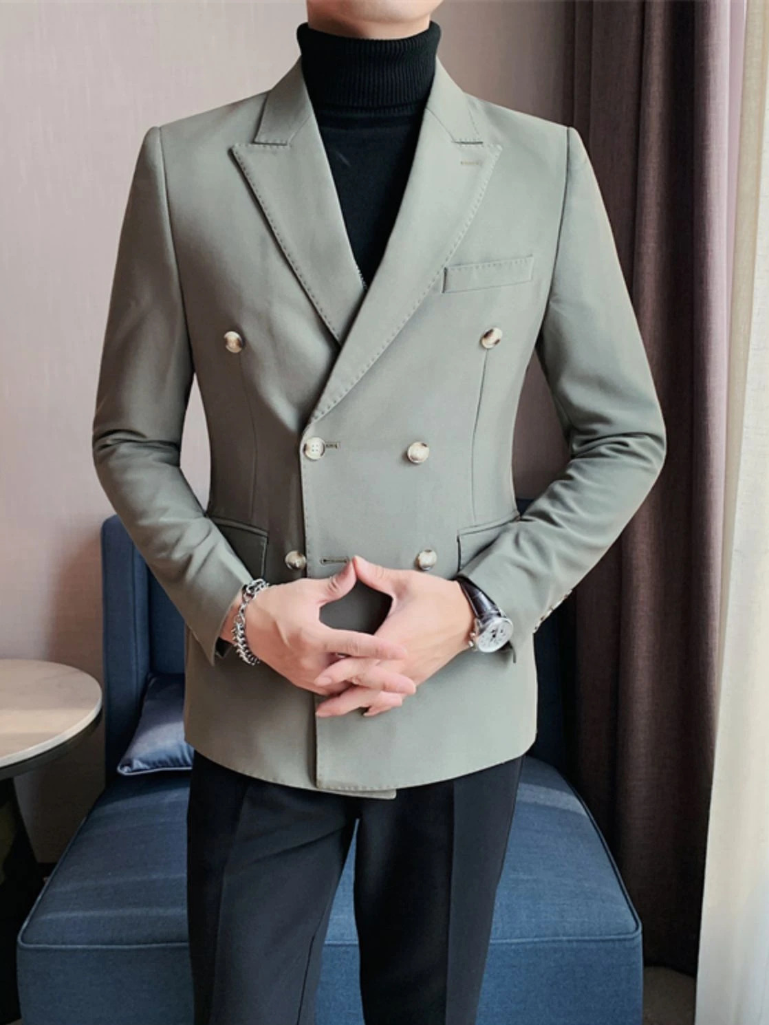 Men's Suits Blazers Men's Double-Breasted Business Suit Jackets Male Slim Fit Solid Color Office Dress Blazers Casual Trendy Autumn L43 2312