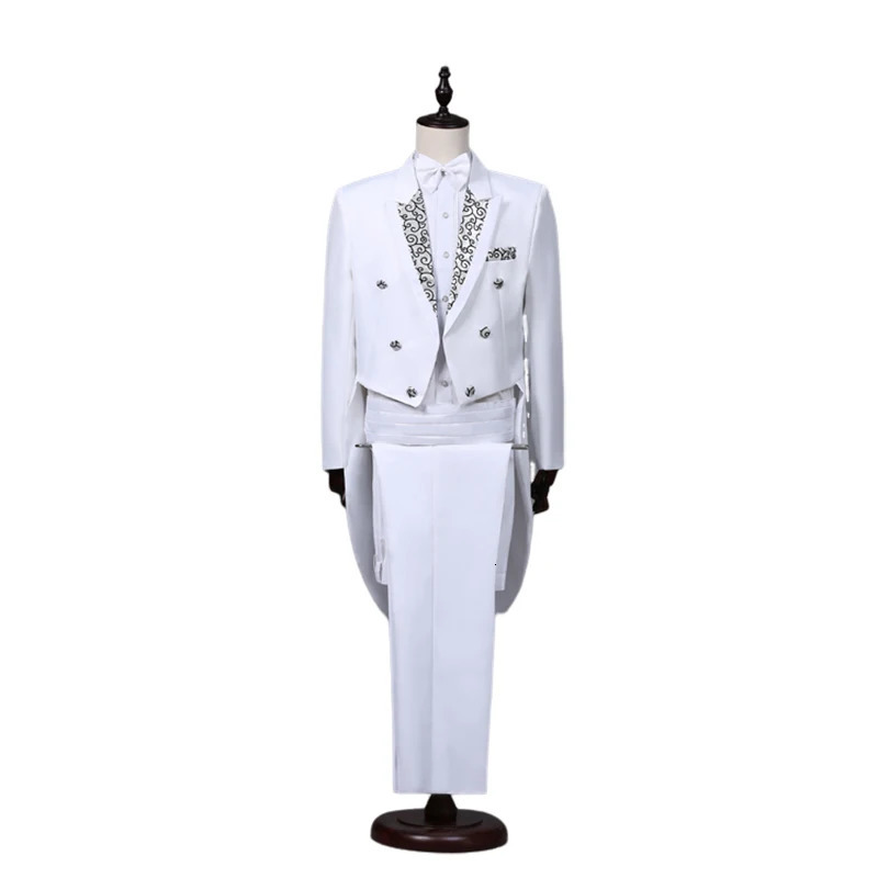Men's Suits Blazers Tailcoat Suits Men Vest Jacket White Tail Coat Chorus Tuxedo Floral Stage Costume Singer Performer Magician Host Outfits 2312