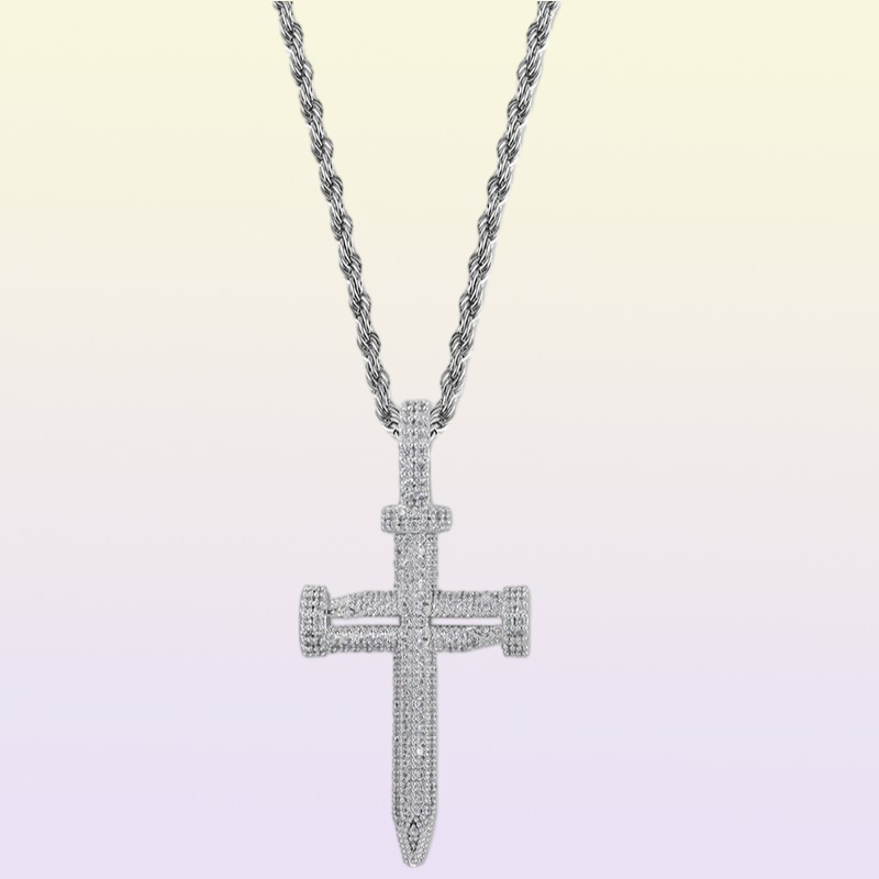 hip hop nail cross diamonds pendant necklaces for men luxury crystal pendants copper zircons 18k gold platinum plated lovers chain