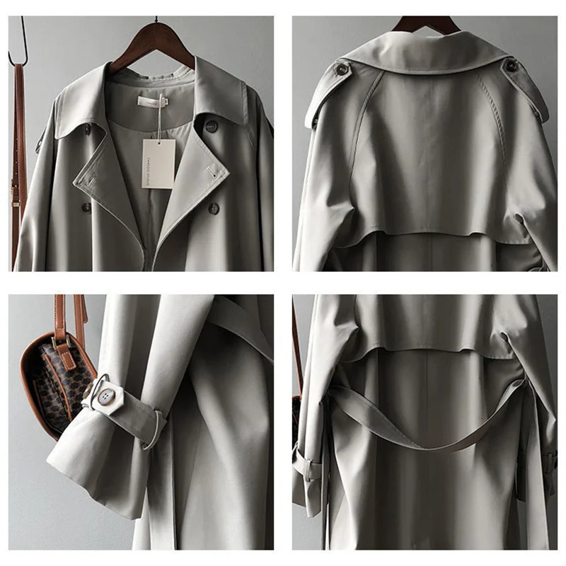 Women's Trench Coats Classic Khaki Long Trench Coats Women Oversize Korean Fashion Belt Windbreaker Fall Spring Overcoat Double Breasted Gabardin
