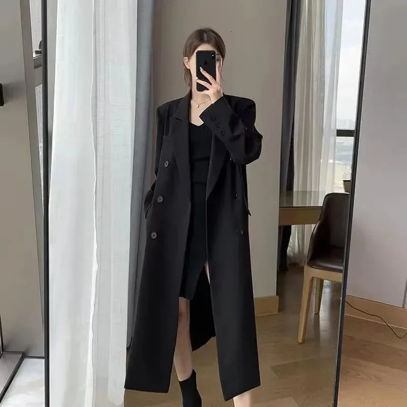 Women's Trench Coats Autumn Fashion Women Suit Long Coats Harajuku Double Breasted Solid Long Windbreaker Elegant Office Lady Solid All Match Jac