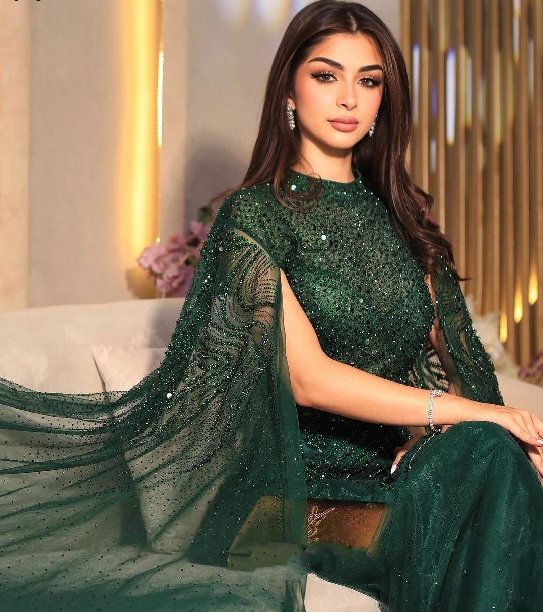 Dubai Elegant Green Prom Dress 2024 Cap Sleeves High Neck Beads Sequins Celebrity Evening Dresses Girls Pageant Birthday Gowns Custom Made