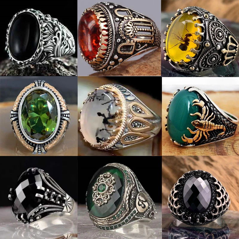 Wedding Rings Retro Handmade Turkish Ring for Men Vintage Double Swords Black Zircon Punk Trendy Islamic Religious Muslim Jewelry 231205