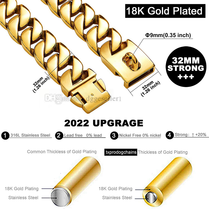 Big Chain Collars 32MM Thick Dog Cuban k Strong Metal Collar with Buckle Solid 316L Stainless Steel Gold Pet Necklet for Large Dogs 20in B155