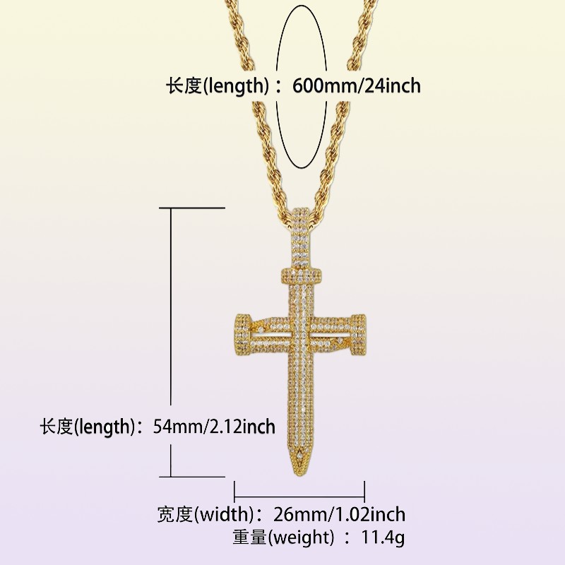 hip hop nail cross diamonds pendant necklaces for men luxury crystal pendants copper zircons 18k gold platinum plated lovers chain
