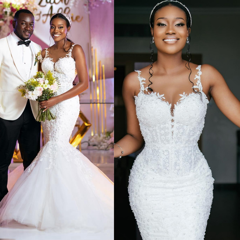 Elegant Mermaid Wedding Dresses Spaghetti Straps Fulllace Appliqued Tiered Tulle Bridal Dress for Birde African Black Women Country Style Chapel Dress