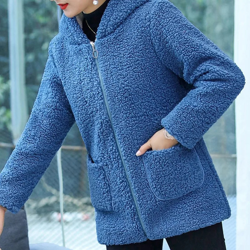 Women's Fur Faux Mother Winter Women Lambswool Polar Fleece Plus Velvet Cotton Jacket Coat 5xl Overcoat Hooded Female Outerwear 231205