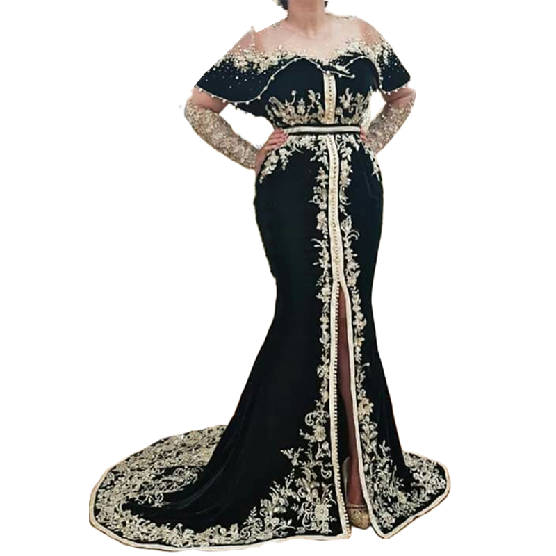 Elegant Black Velvet Mermaid Evening Dresses For Women 2024 Long Sleeves Beaded Gold Lace Appliques Luxury Arabic Dubai kaftan Formal Occasion Gowns C