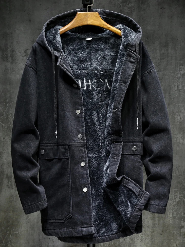 Men's Jackets Winter Mens Thick Warm Faux Fur Lining Mid Long Denim Jacket Hooded Straight Cowboy Coat Casual Streetwear Overcoat Big Size 5XL 23