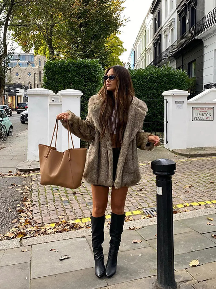 Women's Fur Faux Jacket Women Long Sleeve Turndown Collar Oversized Plush Female Coats 2023 Autumn Winter Office Ladies Streetwear 231205