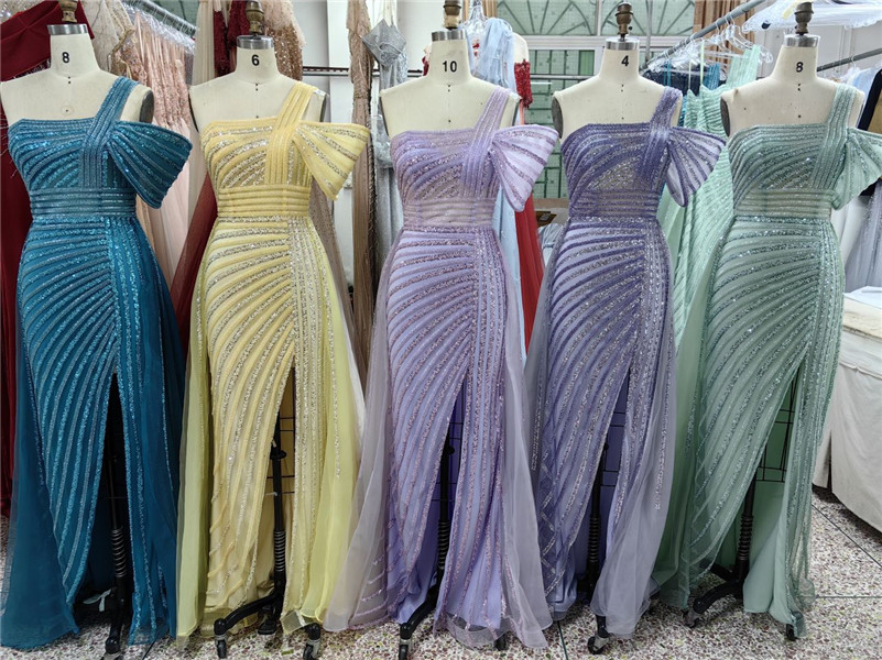 Luxury Beads Sequins Evening Dresses Sexy Side Split One Shoulder Spaghetti Backless Prom Gowns For Women Occasion Wears BM3509