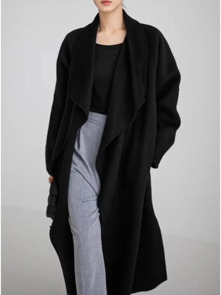 Women's Jackets Big TurnDown Collar Water Ripple Woolen Female 2023 AutumnWinter Loose Adjustable Waist Bathrobe Long Women Wool Coats 231205