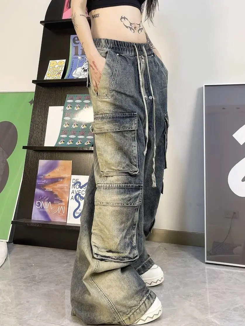 Women s Jeans High Waist Slouchy Cargo Pants Y2k Baggy Women Men Retro Hip Hop Multi Pocket Denim Trousers Loose American Streetwear 231206
