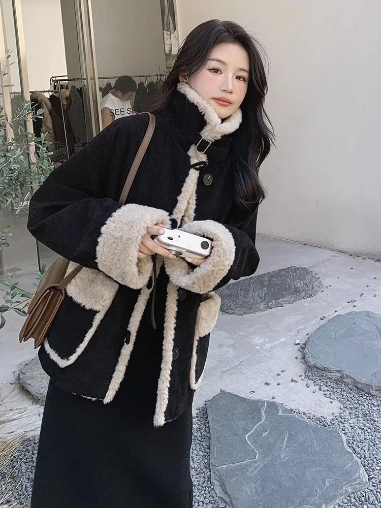 Women's Down Parkas 2023 Autumn Winter Women Warm Faux Fur Fleece Coat Jacket Ladies Lamb Wool Thickened Lapel Female Chic Outwear Corduroy Tops 