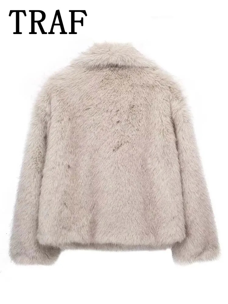Women's Down Parkas TRAF Faux Fur Cropped Jackets for Women Coats Thick Warm Soft Jacket Woman 2023 Long Sleeve Casual Winter Coat In Outerwear 2