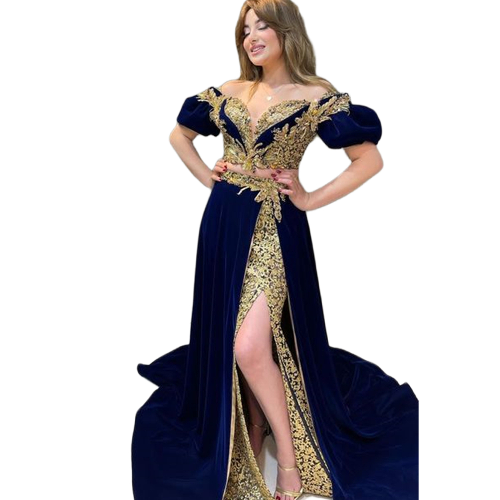 Chic Royal Blue Velvet Evening Dresses With Gold Lace Appliques Two Pieces Women Long Formal Party Gowns Short Sleeves Sexy Side Split Arabic Caftan P