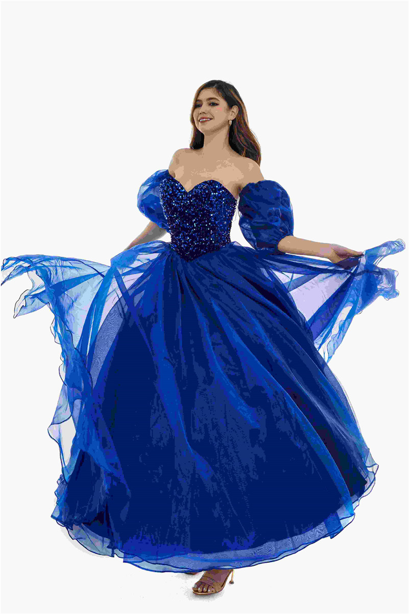Royal Sexy Backless Blue A Line Prom Dresses New Sequins Beads Sweetheart Corset Back Evening Quinceanera Gowns With Poet Sleeves BM