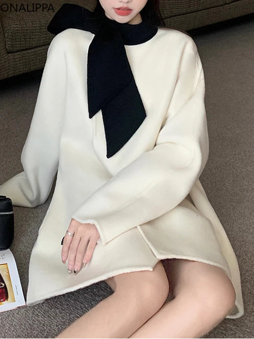 Women's Wool Blends Onalippa Bow Coat Women Twoside Single Breasted Loose Trench French Style All Match Midlength Winter Jacket 231206