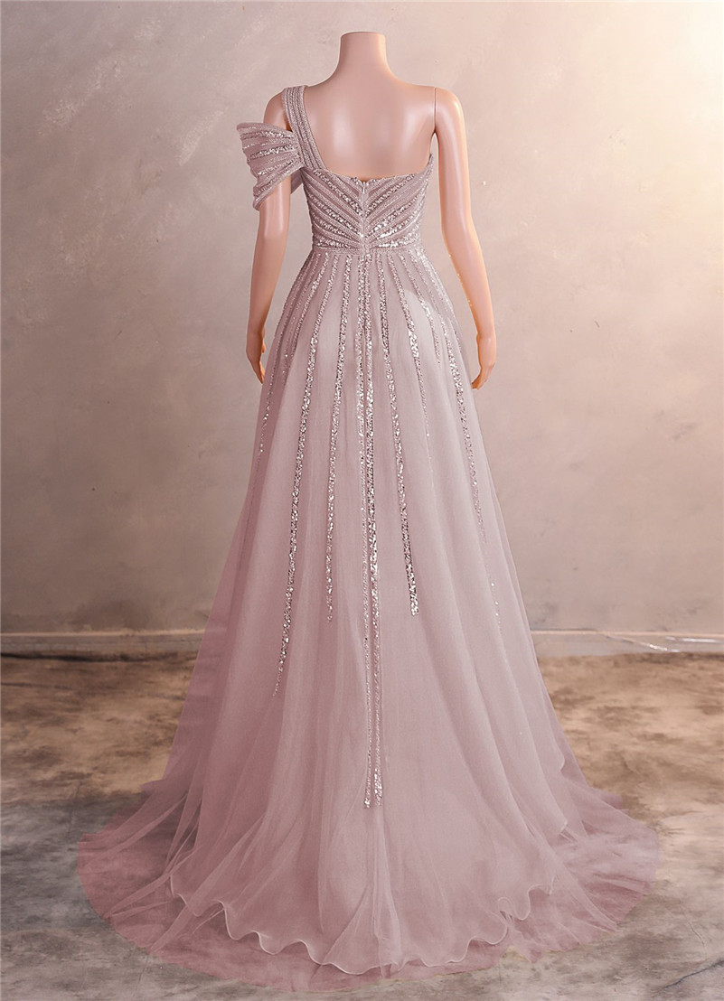 Luxury Beads Sequins Evening Dresses Sexy Side Split One Shoulder Spaghetti Backless Prom Gowns For Women Occasion Wears BM3509