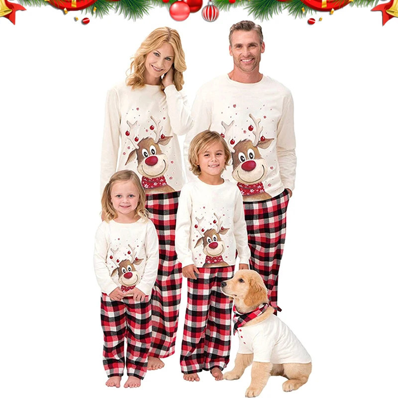 Family Matching Outfits Family Christmas Matching Pajamas Set Year Xmas Clothes Father Mom and Me Deer Top Red Plaid Pants Nightwear Pjs Outfit 231206