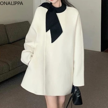Women's Wool Blends Onalippa Bow Coat Women Twoside Single Breasted Loose Trench French Style All Match Midlength Winter Jacket 231206
